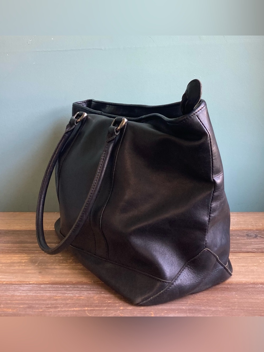 Vintage L.L. Bean Large Town & Field Leather Tote Bag Black - Picture 4 of 15